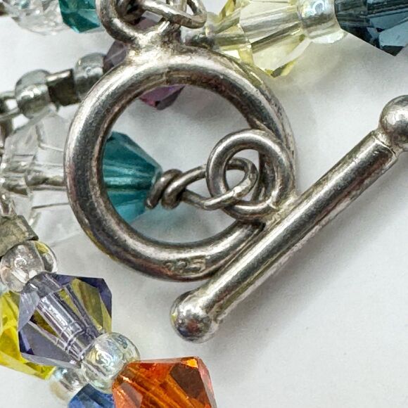 Colorful Rainbow Bicone Crystal Bead Triple Strand Bracelet Sterling Silver - Picture 8 of 8